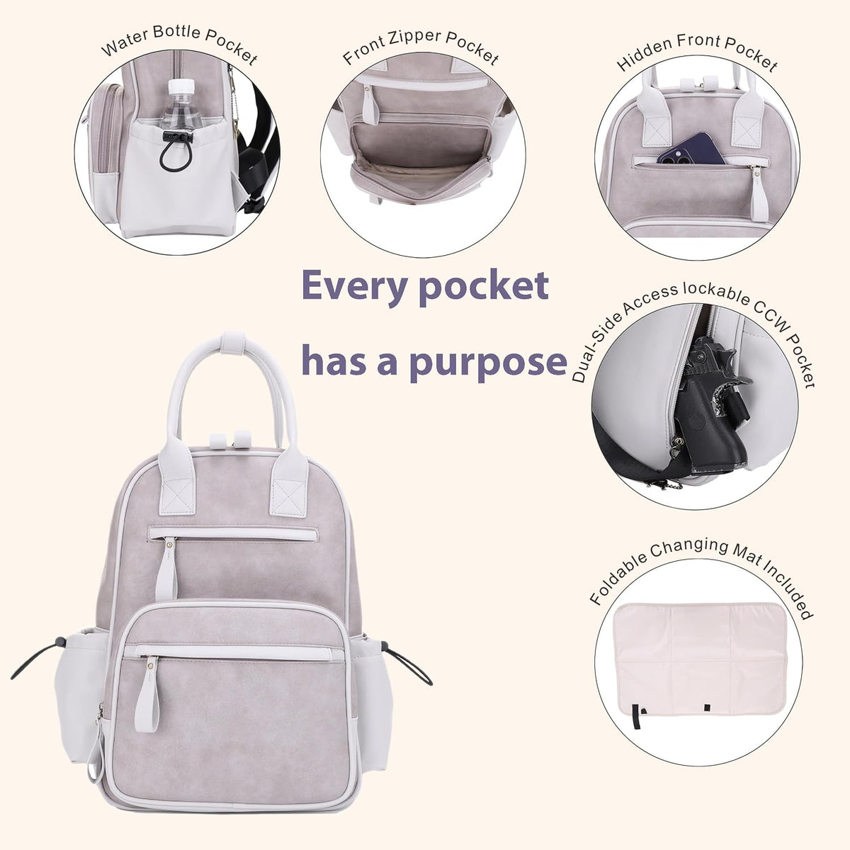 Saturday EDC Diaper Bag Backpack Multi Function Diaper Bag with Changing Pad & Stroller Straps_Brown
