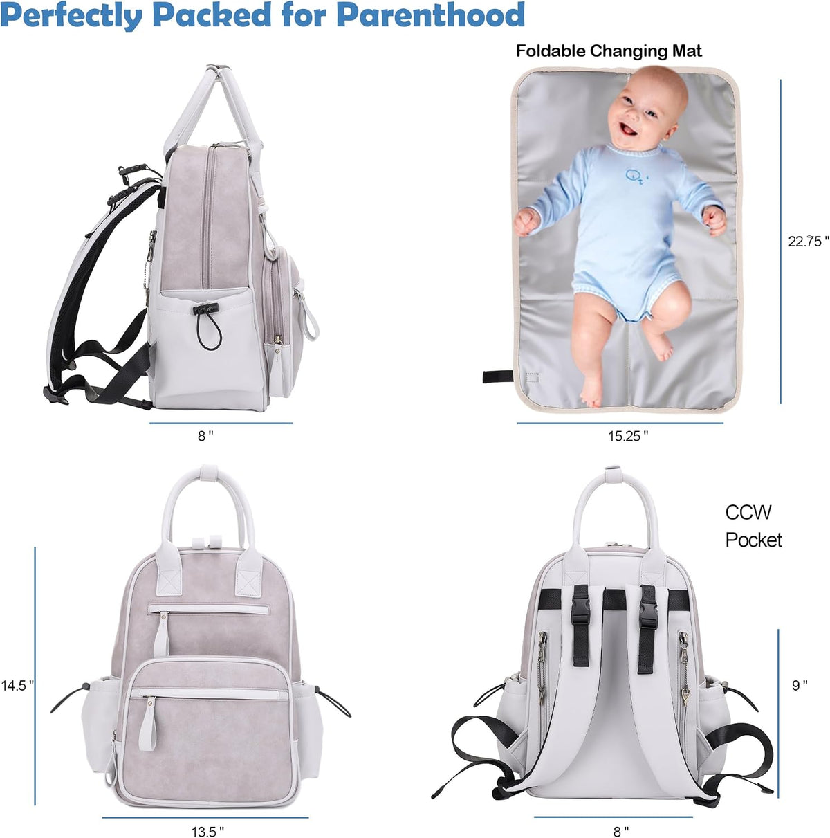 Saturday EDC Diaper Bag Backpack Multi Function Diaper Bag with Changing Pad & Stroller Straps_Brown