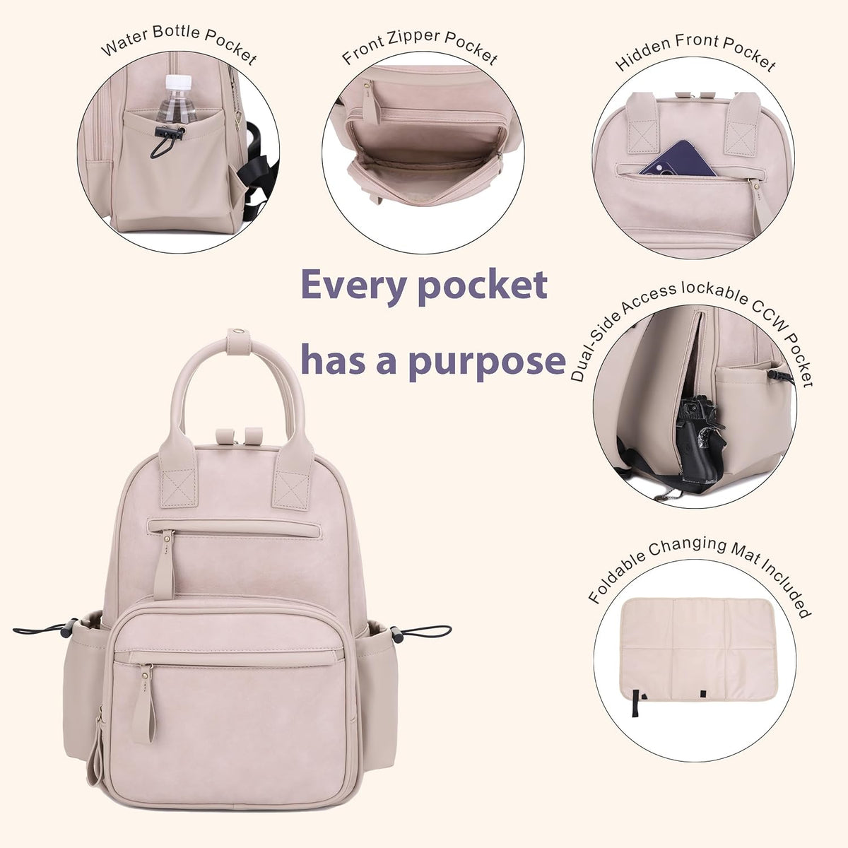 Saturday EDC Diaper Bag Backpack Multi Function Diaper Bag with Changing Pad & Stroller Straps_Brown