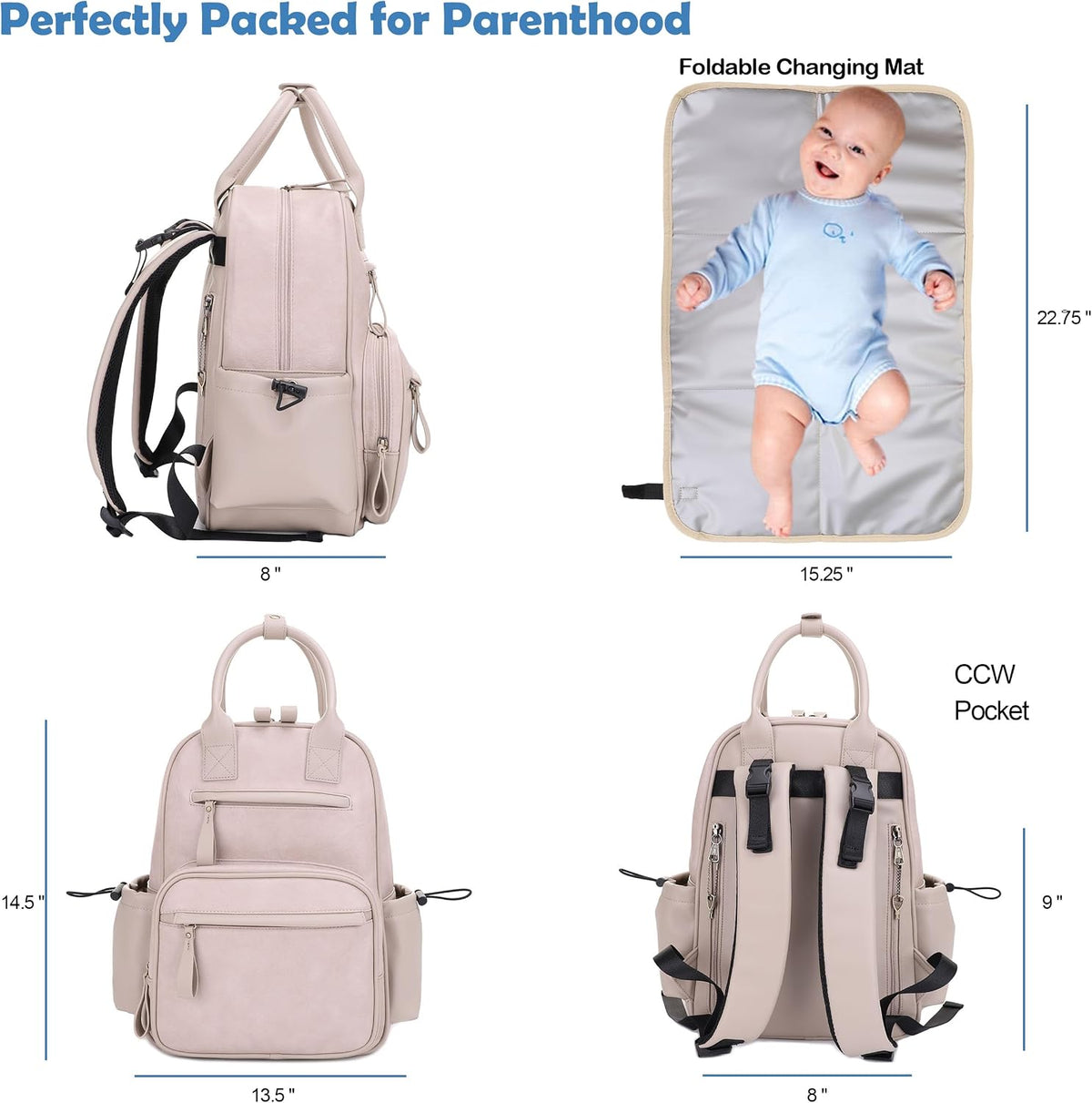 Saturday EDC Diaper Bag Backpack Multi Function Diaper Bag with Changing Pad & Stroller Straps_Brown