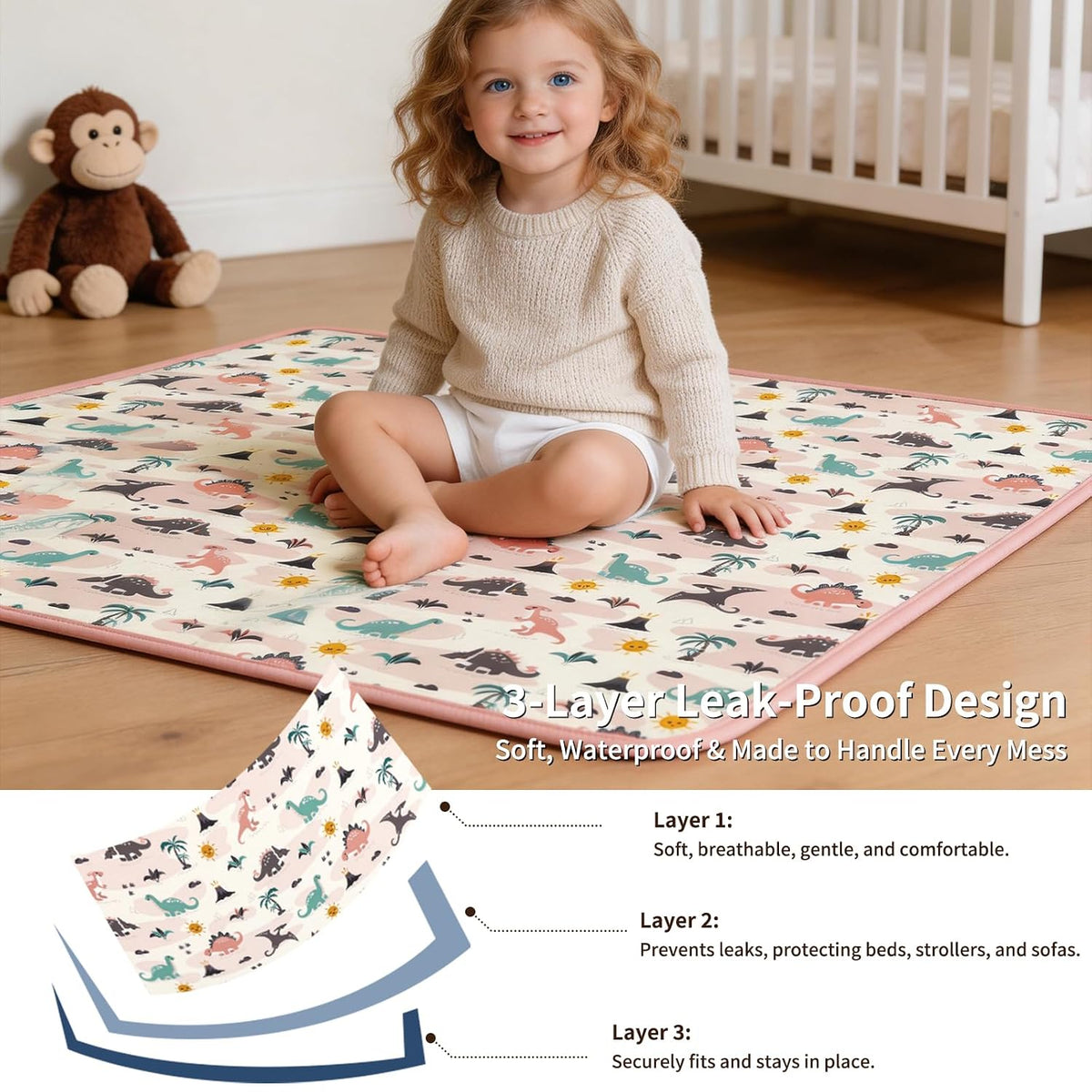2 Pack Pastel Dino 31"x39" Waterproof Baby Changing Pad Mat