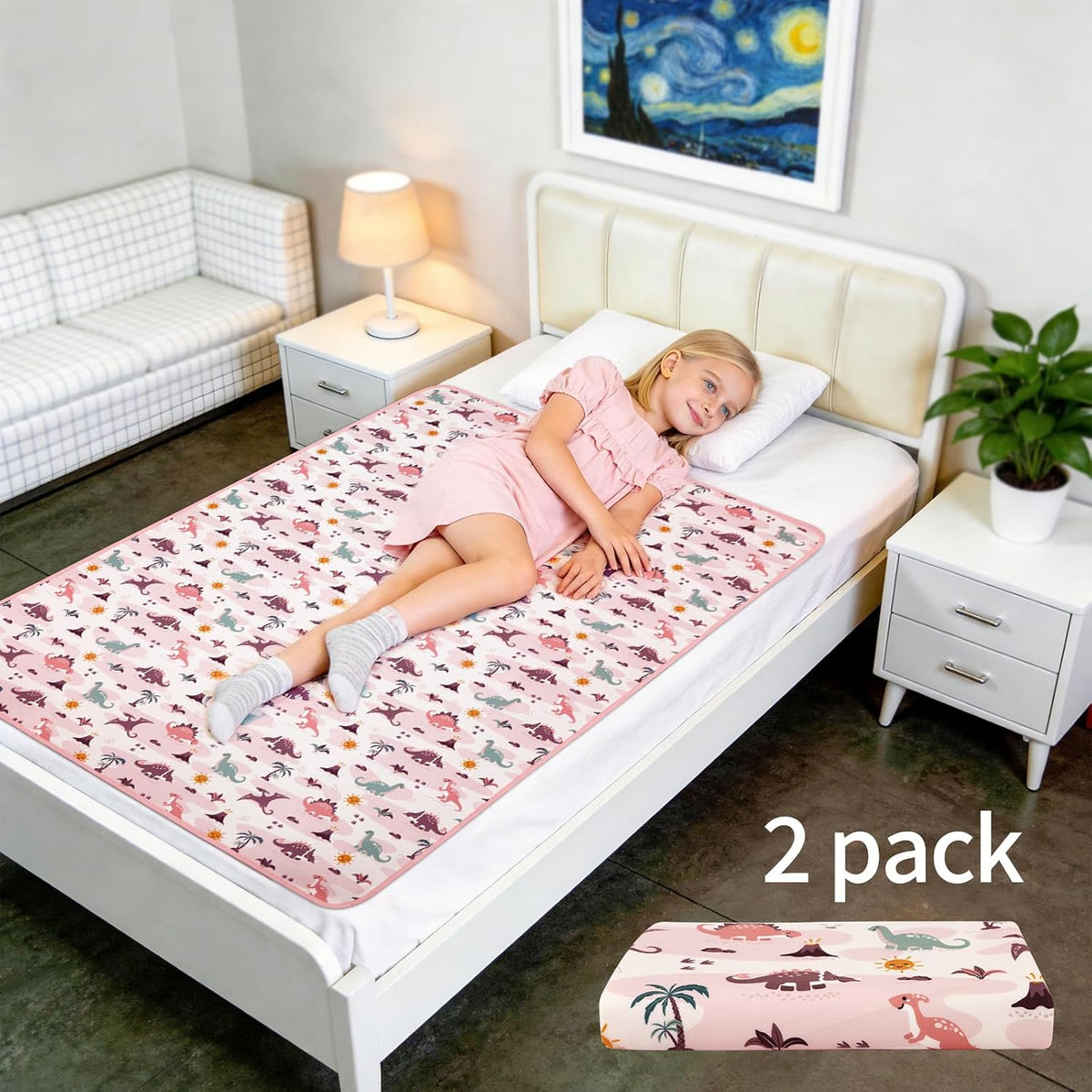 2 Pack Pastel Dino 31"x39" Waterproof Baby Changing Pad Mat