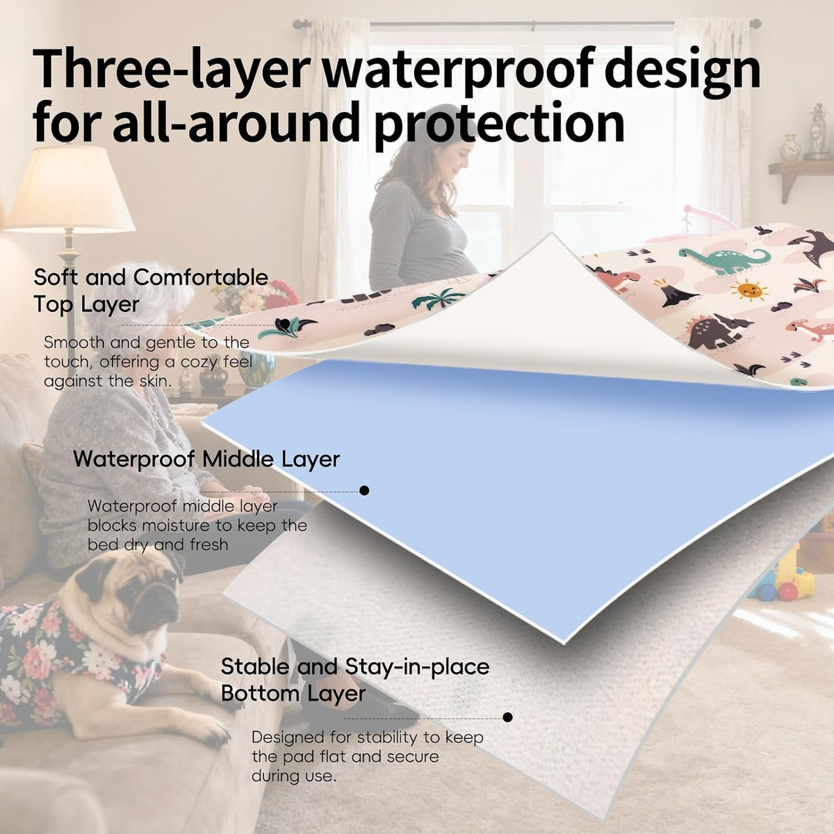 2 Pack Pastel Dino 31"x39" Waterproof Baby Changing Pad Mat