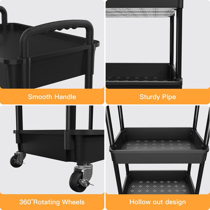3 Tier Rolling Utility Cart with Handle, Utility Cart Made of Multifunctional Storage Organizer Tool for Kitchen,Bathroom,Living Room,Office(White)