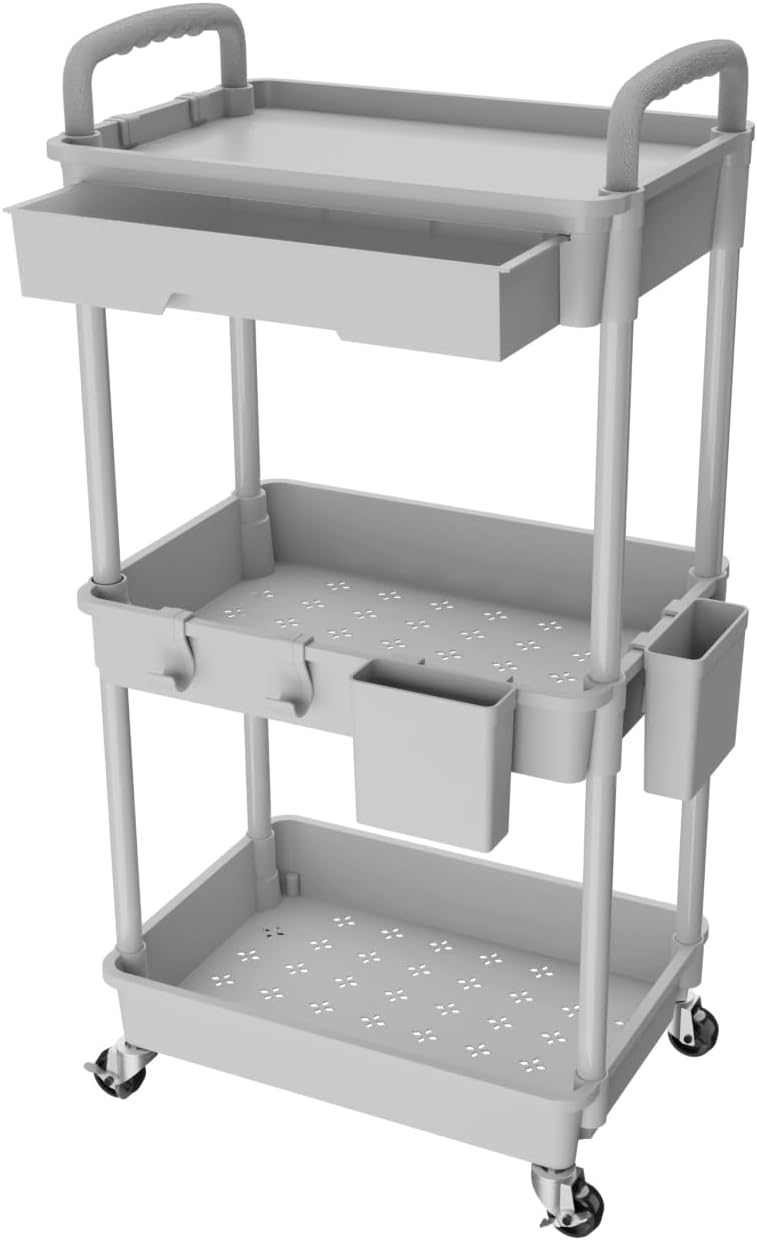 3 Tier Rolling Utility Cart with Handle, Utility Cart Made of Multifunctional Storage Organizer Tool for Kitchen,Bathroom,Living Room,Office(White)