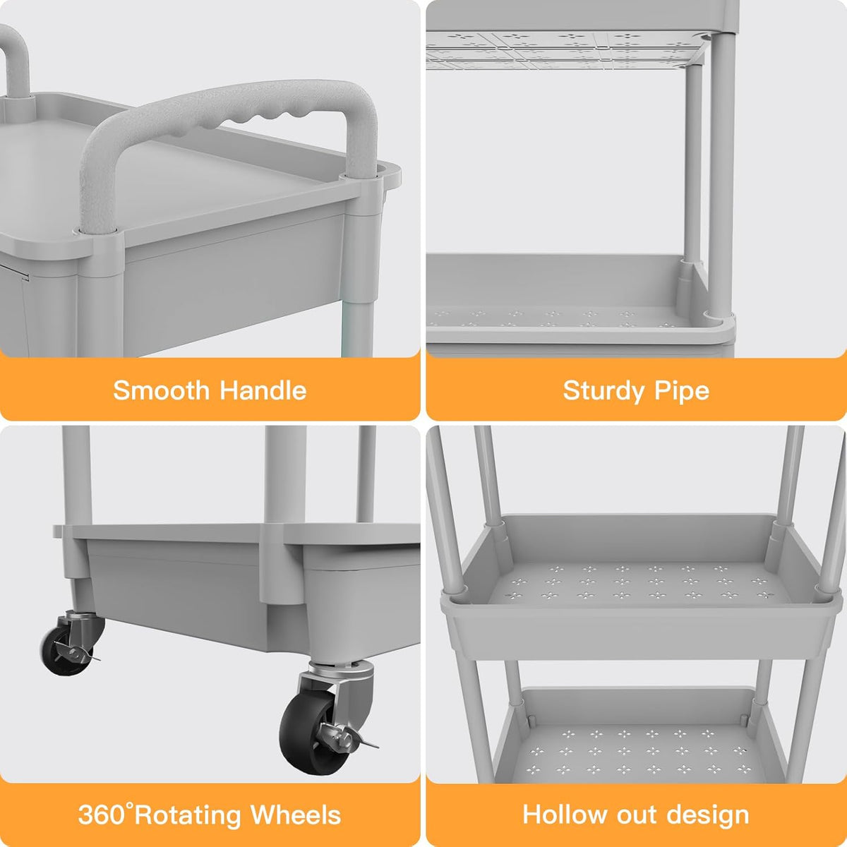 3 Tier Rolling Utility Cart with Handle, Utility Cart Made of Multifunctional Storage Organizer Tool for Kitchen,Bathroom,Living Room,Office(White)