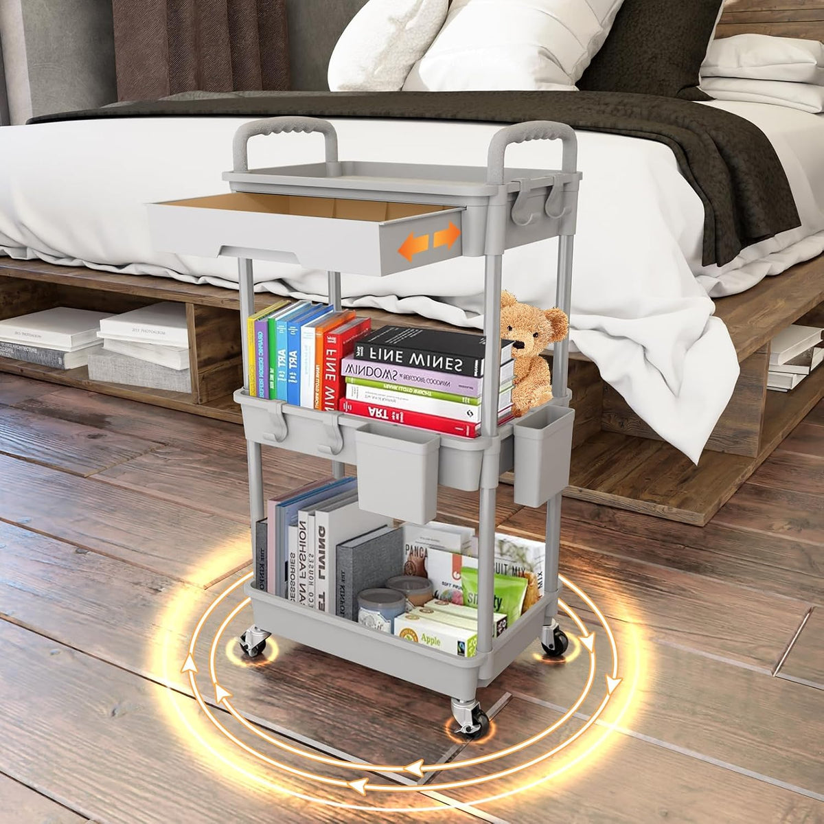 3 Tier Rolling Utility Cart with Handle, Utility Cart Made of Multifunctional Storage Organizer Tool for Kitchen,Bathroom,Living Room,Office(White)