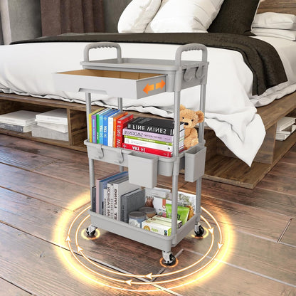 3 Tier Rolling Utility Cart with Handle, Utility Cart Made of Multifunctional Storage Organizer Tool for Kitchen,Bathroom,Living Room,Office(White)