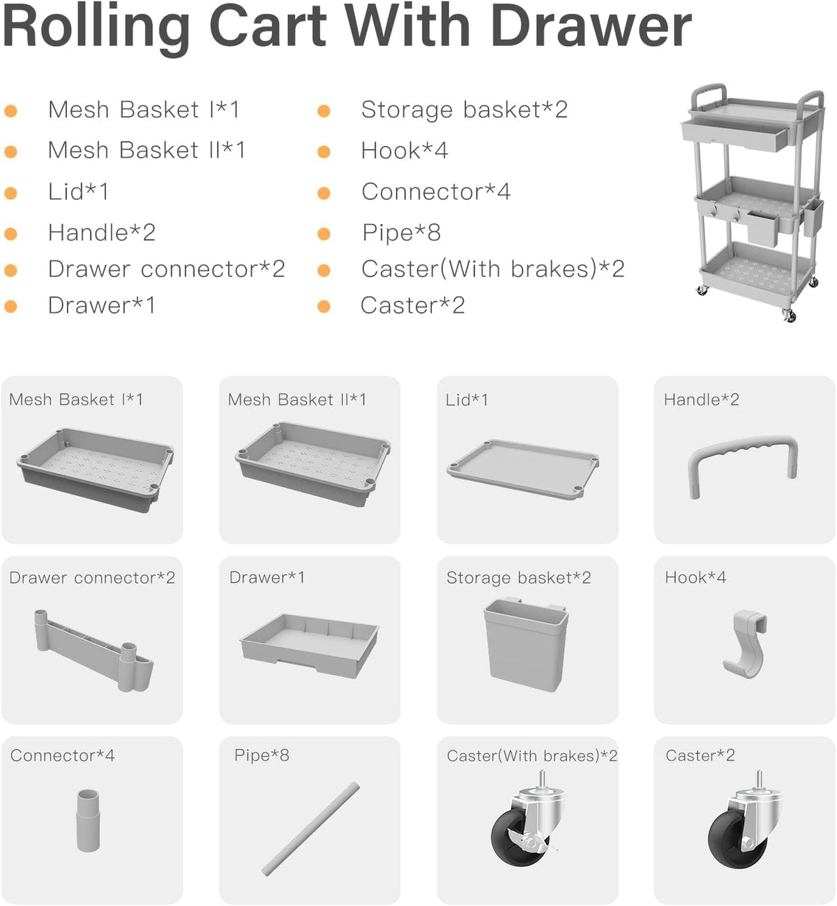 3 Tier Rolling Utility Cart with Handle, Utility Cart Made of Multifunctional Storage Organizer Tool for Kitchen,Bathroom,Living Room,Office(White)
