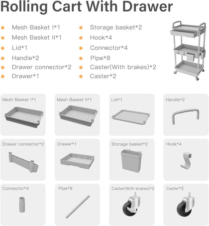 3 Tier Rolling Utility Cart with Handle, Utility Cart Made of Multifunctional Storage Organizer Tool for Kitchen,Bathroom,Living Room,Office(White)