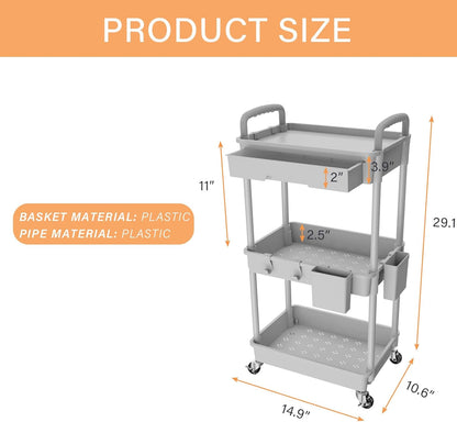 3 Tier Rolling Utility Cart with Handle, Utility Cart Made of Multifunctional Storage Organizer Tool for Kitchen,Bathroom,Living Room,Office(White)