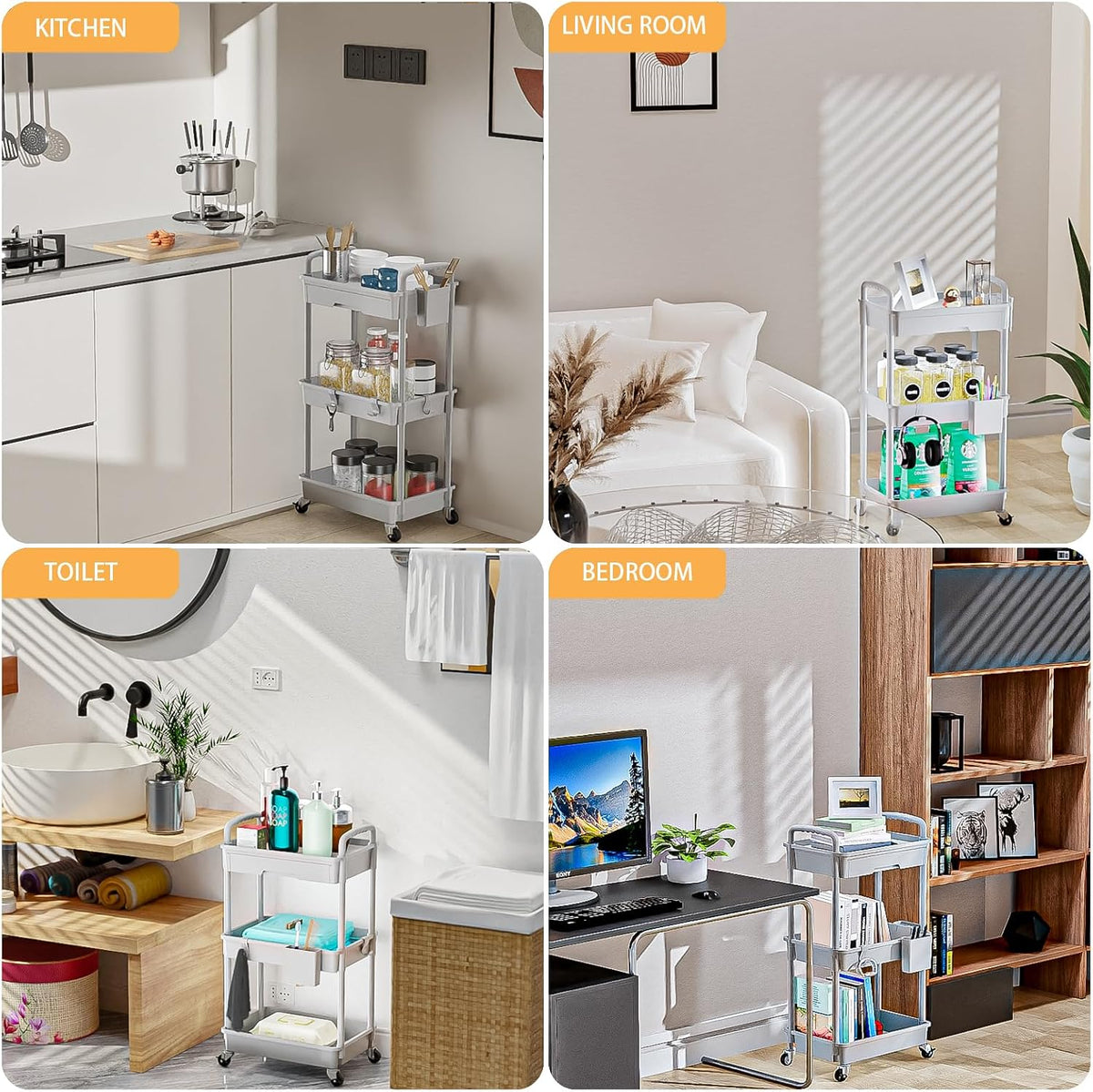 3 Tier Rolling Utility Cart with Handle, Utility Cart Made of Multifunctional Storage Organizer Tool for Kitchen,Bathroom,Living Room,Office(White)