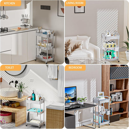 3 Tier Rolling Utility Cart with Handle, Utility Cart Made of Multifunctional Storage Organizer Tool for Kitchen,Bathroom,Living Room,Office(White)
