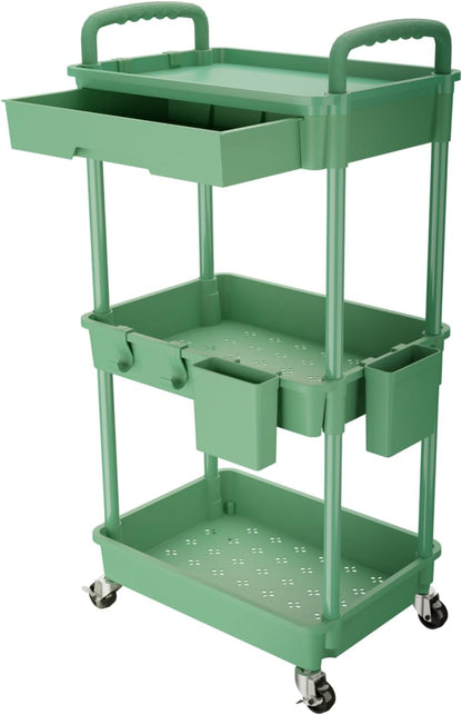 3 Tier Rolling Utility Cart with Handle, Utility Cart Made of Multifunctional Storage Organizer Tool for Kitchen,Bathroom,Living Room,Office(White)