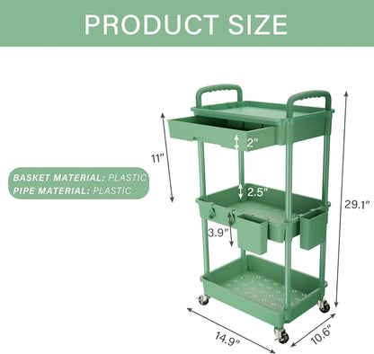 3 Tier Rolling Utility Cart with Handle, Utility Cart Made of Multifunctional Storage Organizer Tool for Kitchen,Bathroom,Living Room,Office(White)