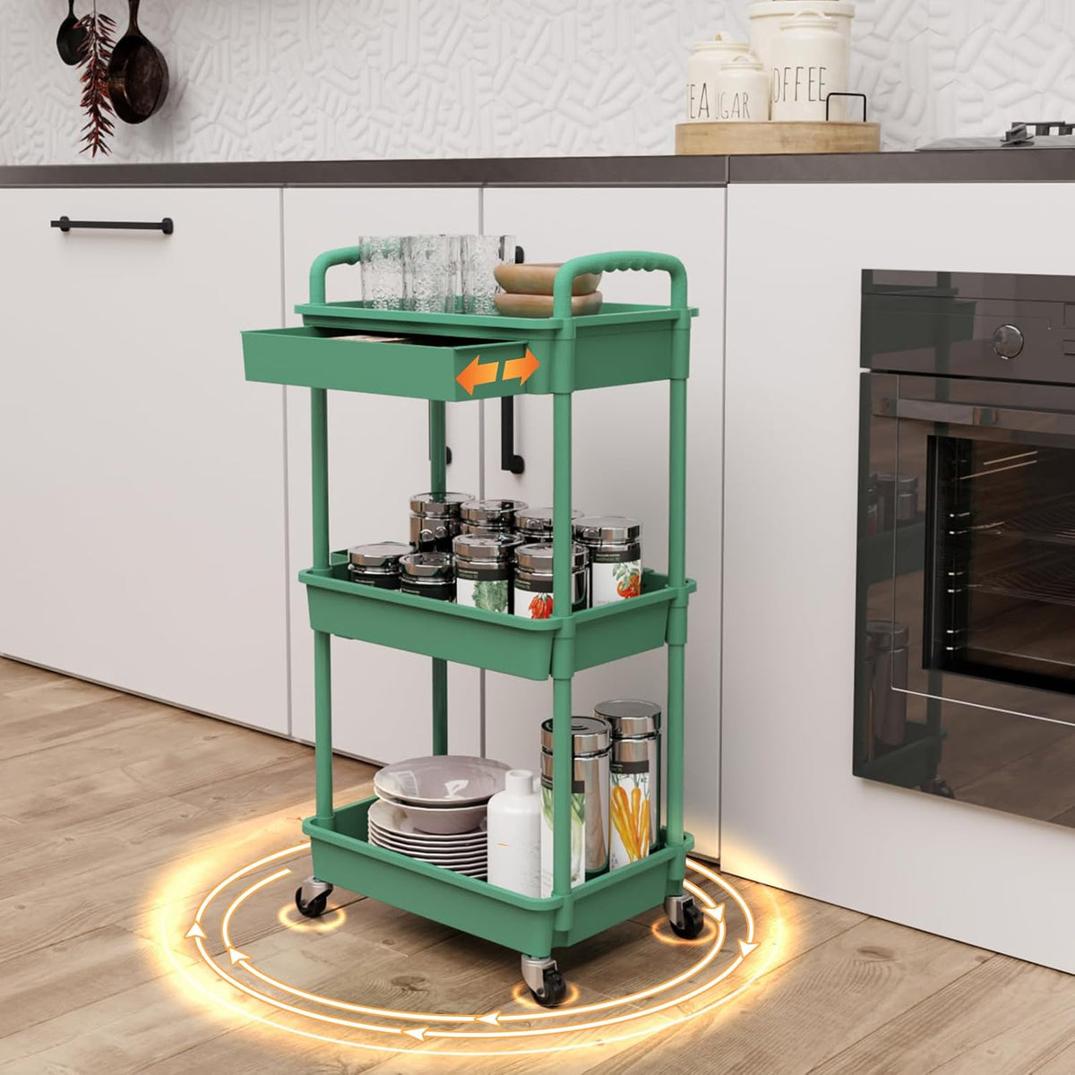 3 Tier Rolling Utility Cart with Handle, Utility Cart Made of Multifunctional Storage Organizer Tool for Kitchen,Bathroom,Living Room,Office(White)