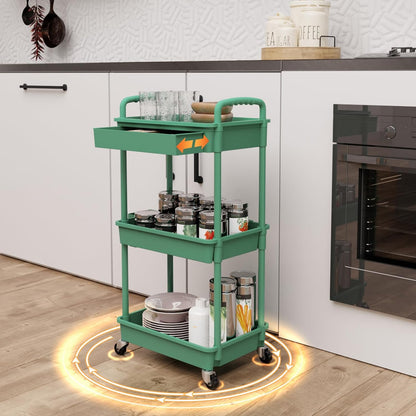3 Tier Rolling Utility Cart with Handle, Utility Cart Made of Multifunctional Storage Organizer Tool for Kitchen,Bathroom,Living Room,Office(White)