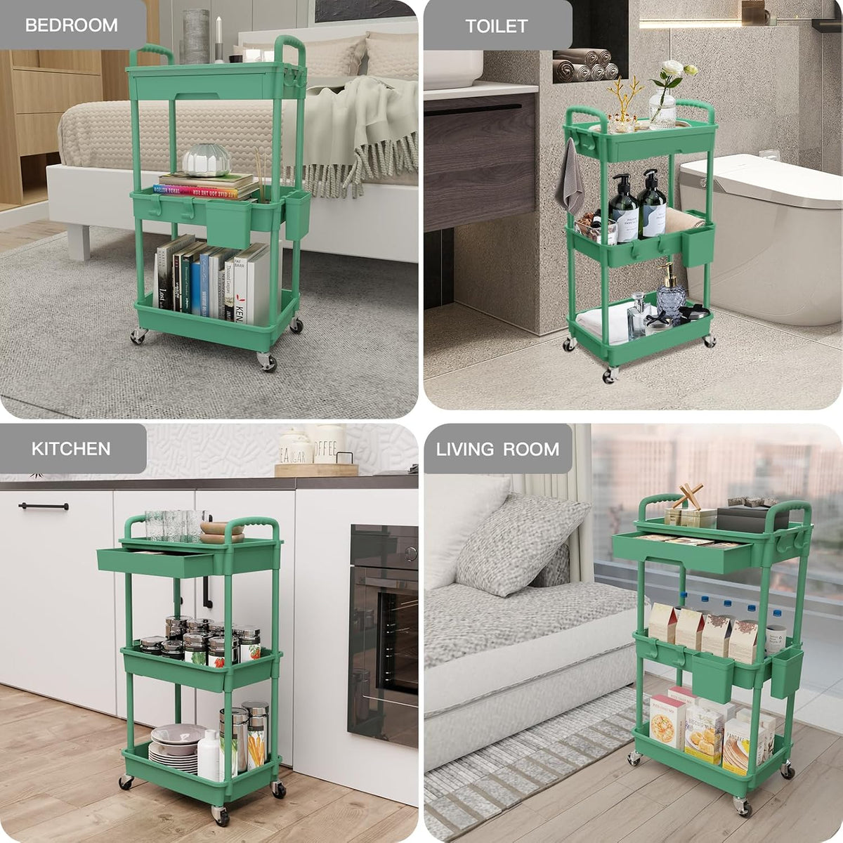 3 Tier Rolling Utility Cart with Handle, Utility Cart Made of Multifunctional Storage Organizer Tool for Kitchen,Bathroom,Living Room,Office(White)