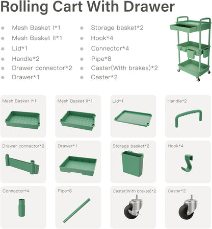 3 Tier Rolling Utility Cart with Handle, Utility Cart Made of Multifunctional Storage Organizer Tool for Kitchen,Bathroom,Living Room,Office(White)