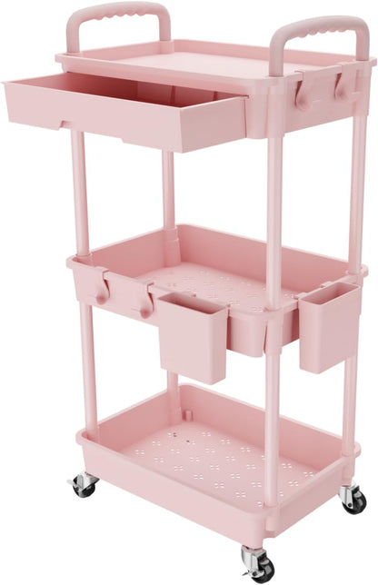 3 Tier Rolling Utility Cart with Handle, Utility Cart Made of Multifunctional Storage Organizer Tool for Kitchen,Bathroom,Living Room,Office(White)