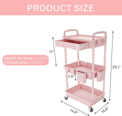 3 Tier Rolling Utility Cart with Handle, Utility Cart Made of Multifunctional Storage Organizer Tool for Kitchen,Bathroom,Living Room,Office(White)