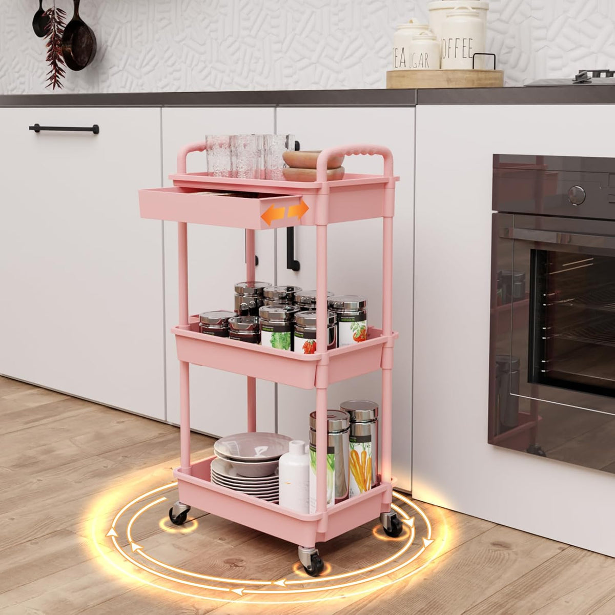 3 Tier Rolling Utility Cart with Handle, Utility Cart Made of Multifunctional Storage Organizer Tool for Kitchen,Bathroom,Living Room,Office(White)
