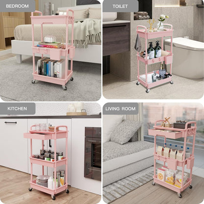 3 Tier Rolling Utility Cart with Handle, Utility Cart Made of Multifunctional Storage Organizer Tool for Kitchen,Bathroom,Living Room,Office(White)