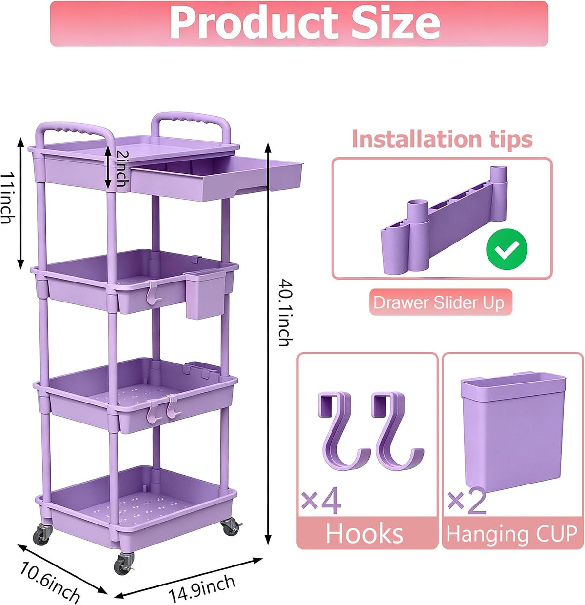 3 Tier Rolling Utility Cart with Handle, Utility Cart Made of Multifunctional Storage Organizer Tool for Kitchen,Bathroom,Living Room,Office(White)