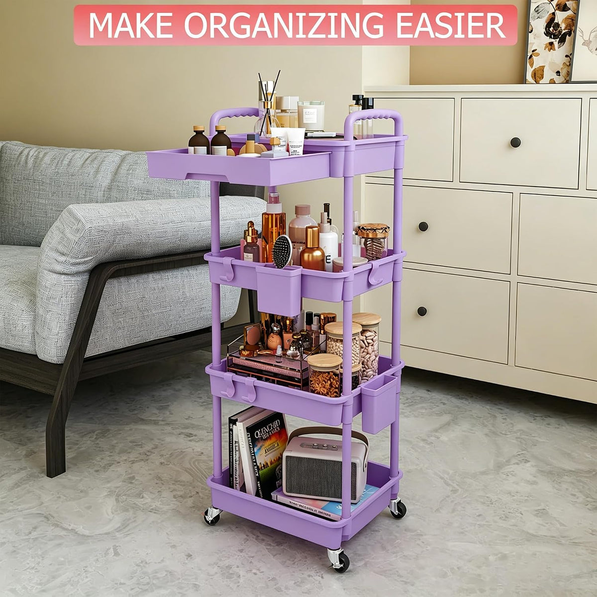 3 Tier Rolling Utility Cart with Handle, Utility Cart Made of Multifunctional Storage Organizer Tool for Kitchen,Bathroom,Living Room,Office(White)