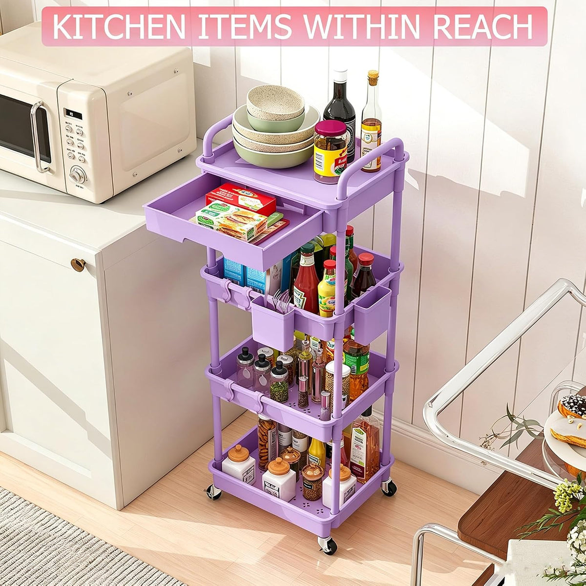 3 Tier Rolling Utility Cart with Handle, Utility Cart Made of Multifunctional Storage Organizer Tool for Kitchen,Bathroom,Living Room,Office(White)