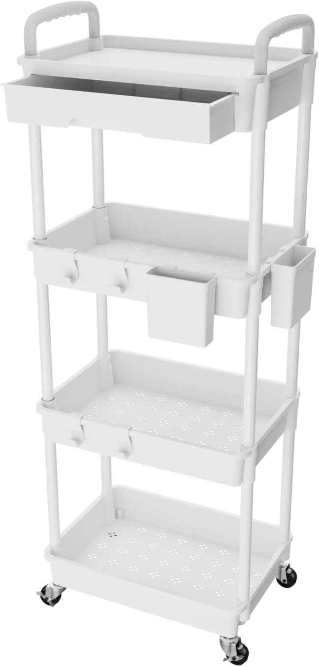 3 Tier Rolling Utility Cart with Handle, Utility Cart Made of Multifunctional Storage Organizer Tool for Kitchen,Bathroom,Living Room,Office(White)