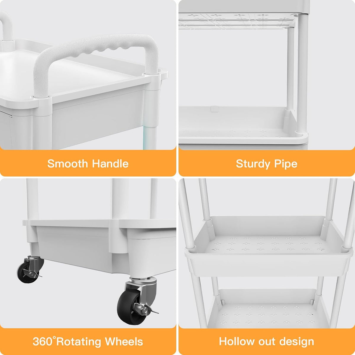 3 Tier Rolling Utility Cart with Handle, Utility Cart Made of Multifunctional Storage Organizer Tool for Kitchen,Bathroom,Living Room,Office(White)