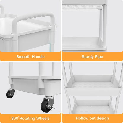 3 Tier Rolling Utility Cart with Handle, Utility Cart Made of Multifunctional Storage Organizer Tool for Kitchen,Bathroom,Living Room,Office(White)