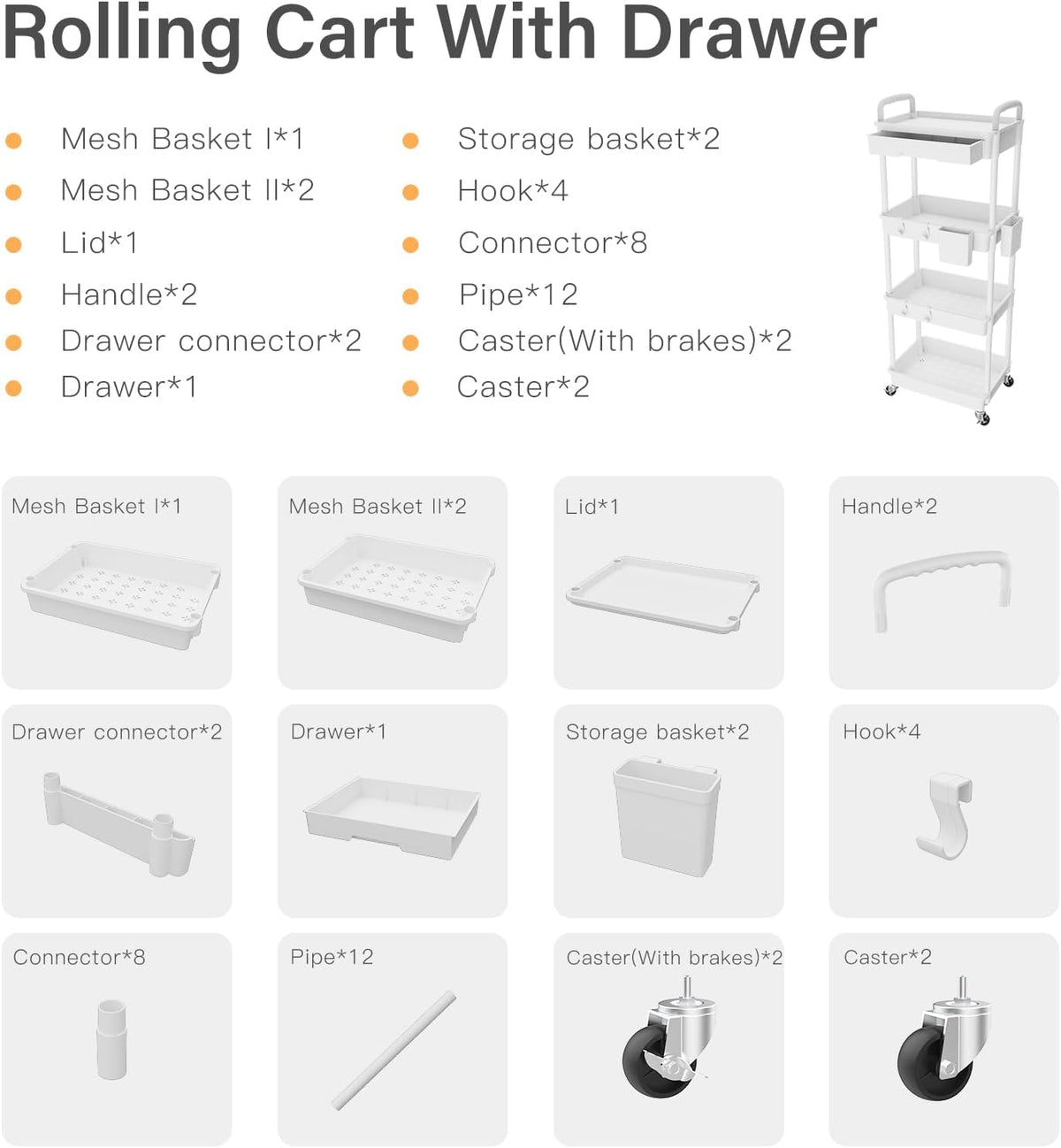 3 Tier Rolling Utility Cart with Handle, Utility Cart Made of Multifunctional Storage Organizer Tool for Kitchen,Bathroom,Living Room,Office(White)
