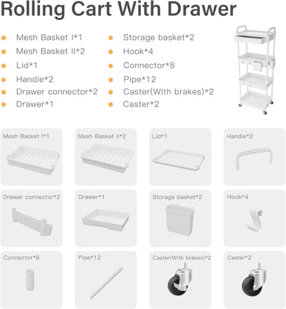 3 Tier Rolling Utility Cart with Handle, Utility Cart Made of Multifunctional Storage Organizer Tool for Kitchen,Bathroom,Living Room,Office(White)