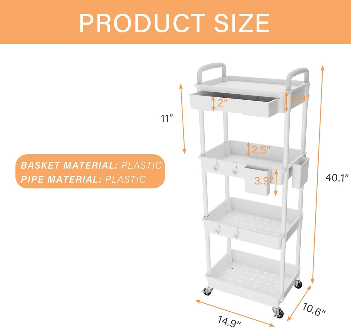 3 Tier Rolling Utility Cart with Handle, Utility Cart Made of Multifunctional Storage Organizer Tool for Kitchen,Bathroom,Living Room,Office(White)