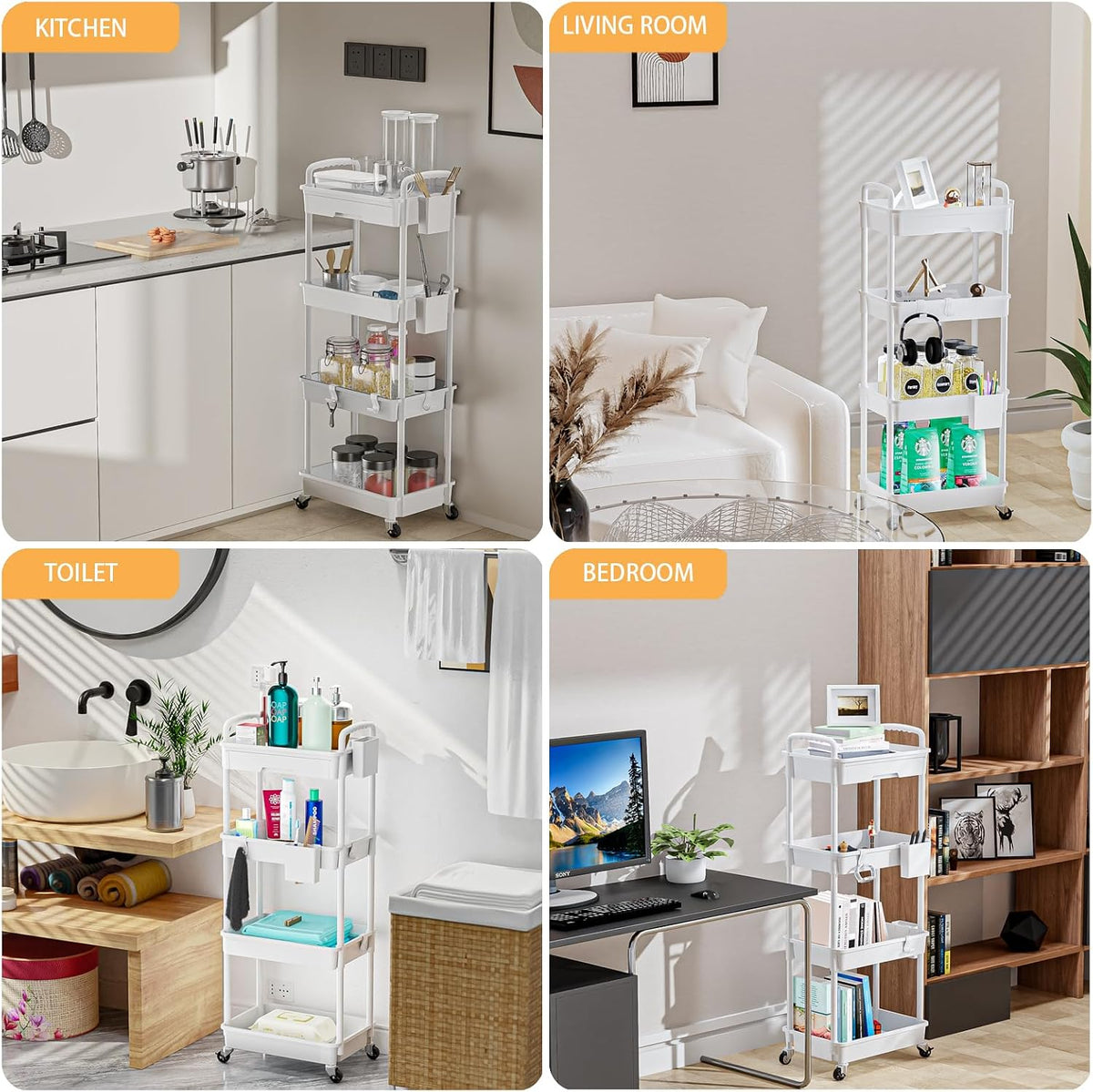 3 Tier Rolling Utility Cart with Handle, Utility Cart Made of Multifunctional Storage Organizer Tool for Kitchen,Bathroom,Living Room,Office(White)