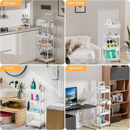 3 Tier Rolling Utility Cart with Handle, Utility Cart Made of Multifunctional Storage Organizer Tool for Kitchen,Bathroom,Living Room,Office(White)