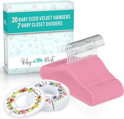 20 Baby Hangers with 7 Closet Dividers for Nursery Velvet Clothes Hangers Unisex Newborn Essentials Baby Size Organizer for Infant Clothing to 24 Months