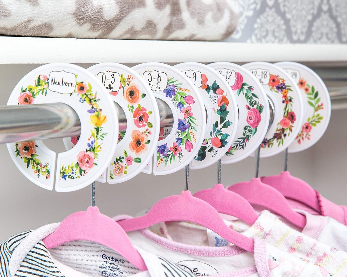20 Baby Hangers with 7 Closet Dividers for Nursery Velvet Clothes Hangers Unisex Newborn Essentials Baby Size Organizer for Infant Clothing to 24 Months
