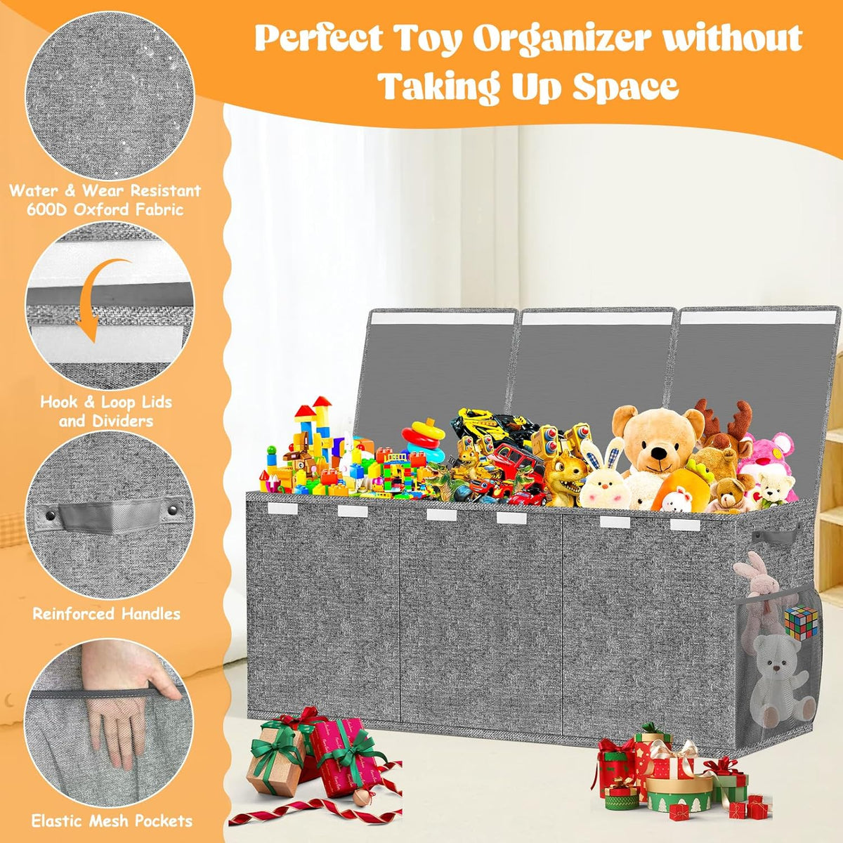 Large Toy Box Storage with Lid, Collapsible Sturdy Toy Chest Bin Black