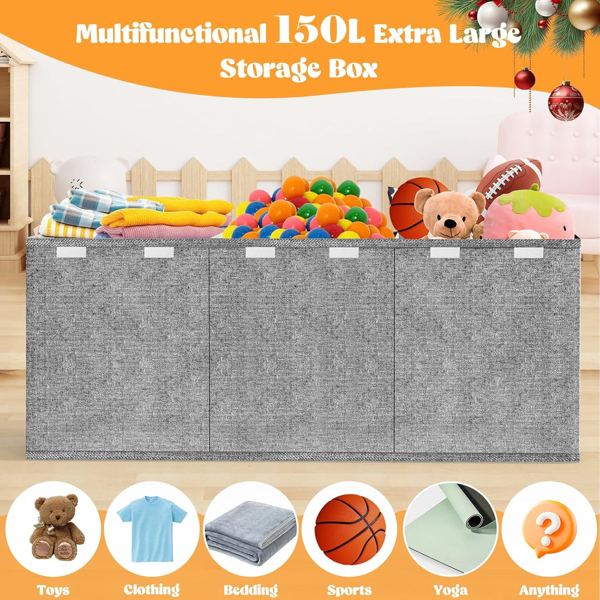Large Toy Box Storage with Lid, Collapsible Sturdy Toy Chest Bin Black