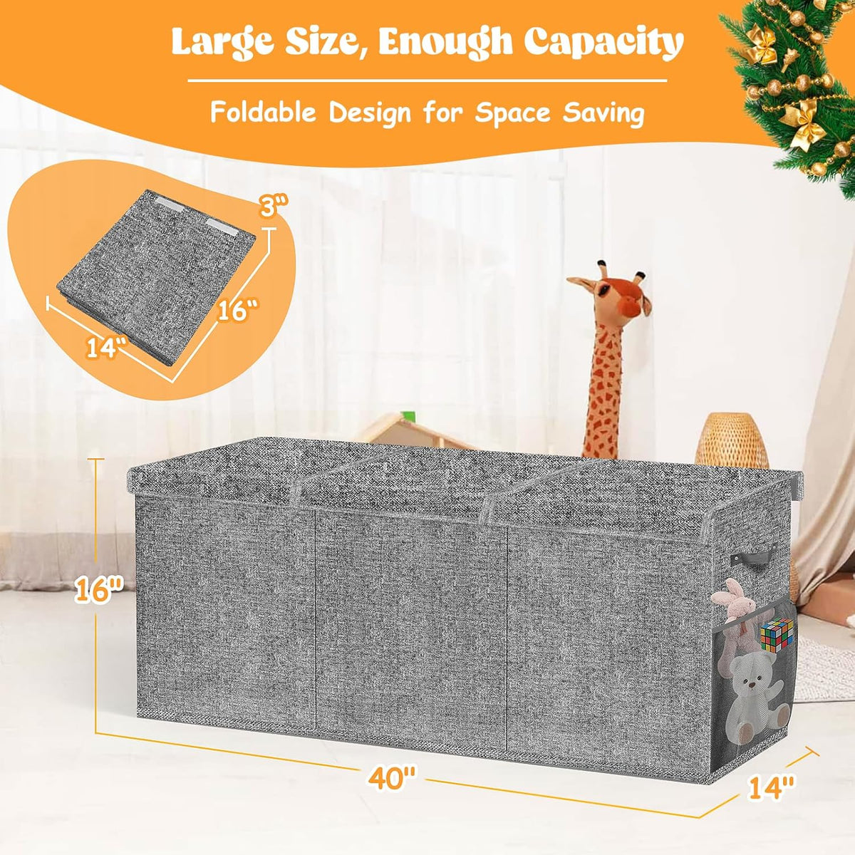 Large Toy Box Storage with Lid, Collapsible Sturdy Toy Chest Bin Black