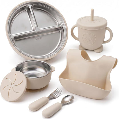 Stainless Steel & Silicone Toddler Feeding Set, 7 Piece Kids Dinnerware with Divided Plate, Bowl, Training Cup with Straw, Bib, Fork and Spoon, BPA‑Free, Food‑Grade for Children (Color Green)