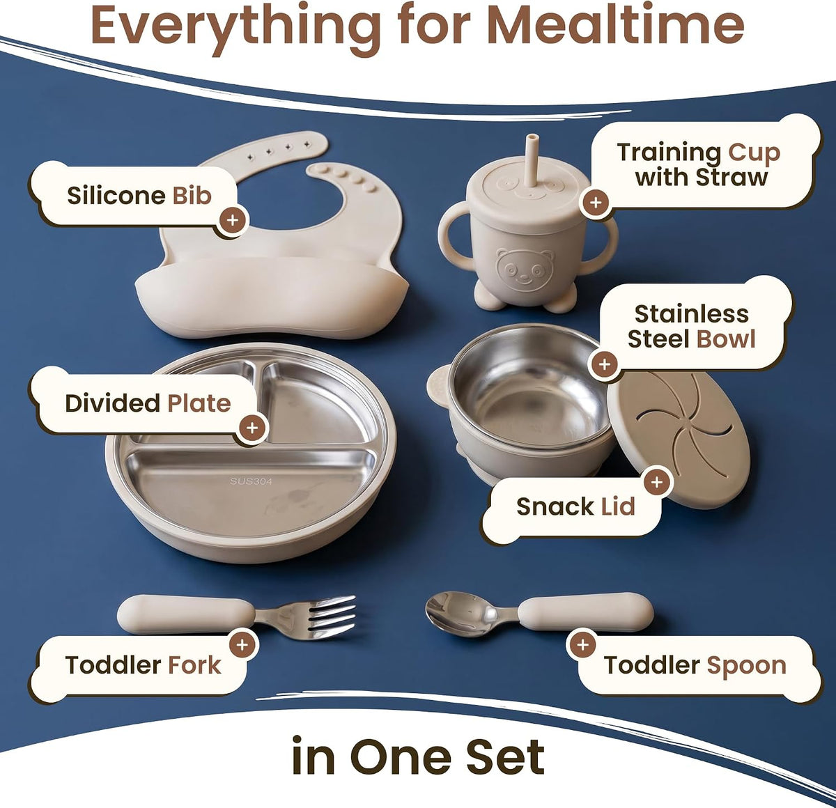 Stainless Steel & Silicone Toddler Feeding Set, 7 Piece Kids Dinnerware with Divided Plate, Bowl, Training Cup with Straw, Bib, Fork and Spoon, BPA‑Free, Food‑Grade for Children (Color Green)