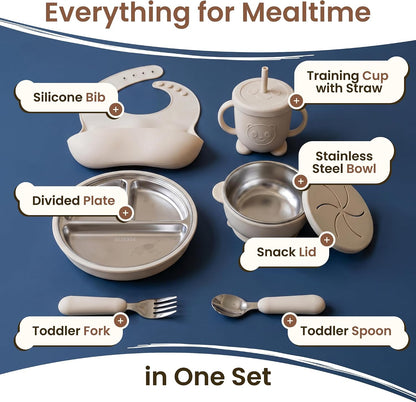 Stainless Steel & Silicone Toddler Feeding Set, 7 Piece Kids Dinnerware with Divided Plate, Bowl, Training Cup with Straw, Bib, Fork and Spoon, BPA‑Free, Food‑Grade for Children (Color Green)