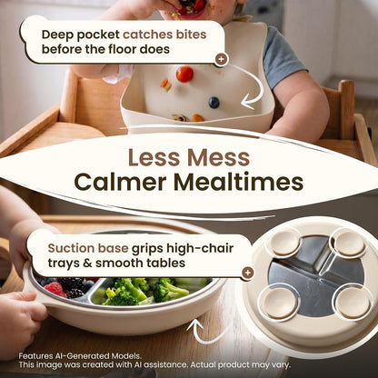 Stainless Steel & Silicone Toddler Feeding Set, 7 Piece Kids Dinnerware with Divided Plate, Bowl, Training Cup with Straw, Bib, Fork and Spoon, BPA‑Free, Food‑Grade for Children (Color Green)