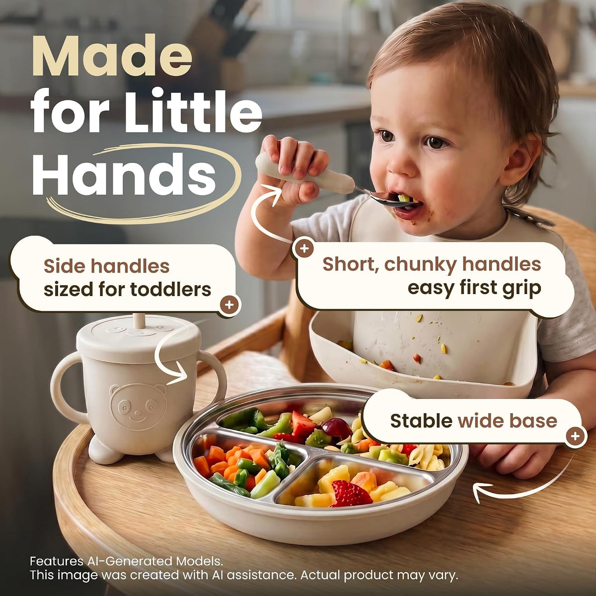 Stainless Steel & Silicone Toddler Feeding Set, 7 Piece Kids Dinnerware with Divided Plate, Bowl, Training Cup with Straw, Bib, Fork and Spoon, BPA‑Free, Food‑Grade for Children (Color Green)