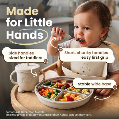 Stainless Steel & Silicone Toddler Feeding Set, 7 Piece Kids Dinnerware with Divided Plate, Bowl, Training Cup with Straw, Bib, Fork and Spoon, BPA‑Free, Food‑Grade for Children (Color Green)