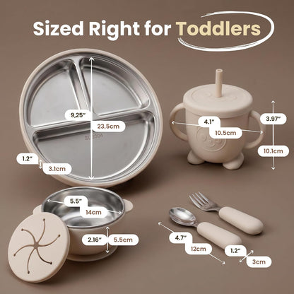 Stainless Steel & Silicone Toddler Feeding Set, 7 Piece Kids Dinnerware with Divided Plate, Bowl, Training Cup with Straw, Bib, Fork and Spoon, BPA‑Free, Food‑Grade for Children (Color Green)
